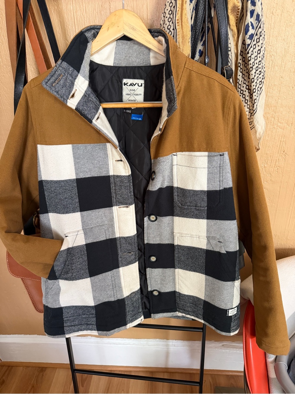 Kavu Brown Quilted Jacket with Black & White Plaid Panels